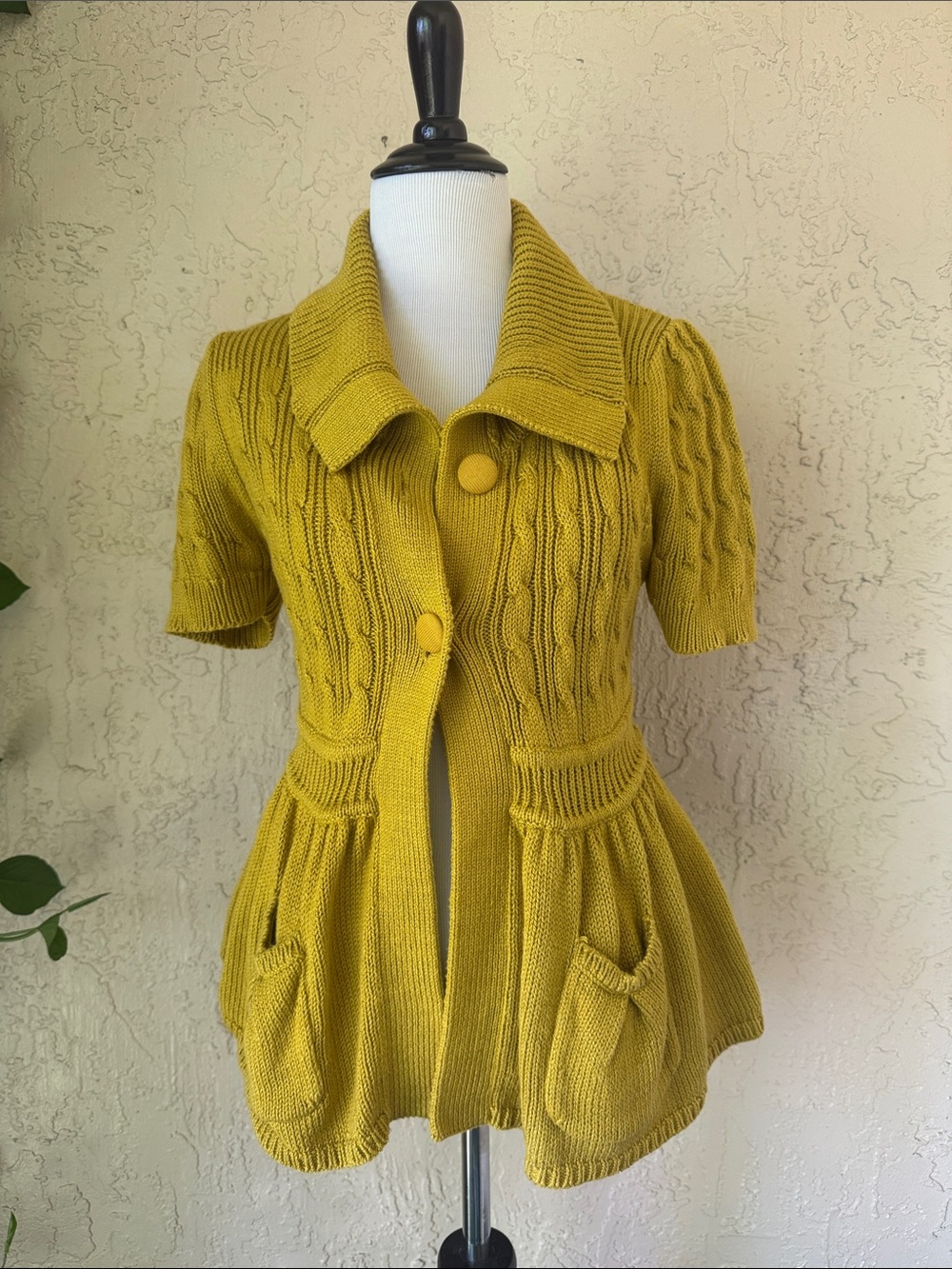 French Connection Mustard Short-Sleeve Knit Cardigan with Peplum Pockets - Picture 1 of 12